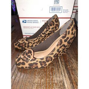 10M Pierre Dumas Cheetah Leopard Wedge High Heel Buckle Detail Brown Black